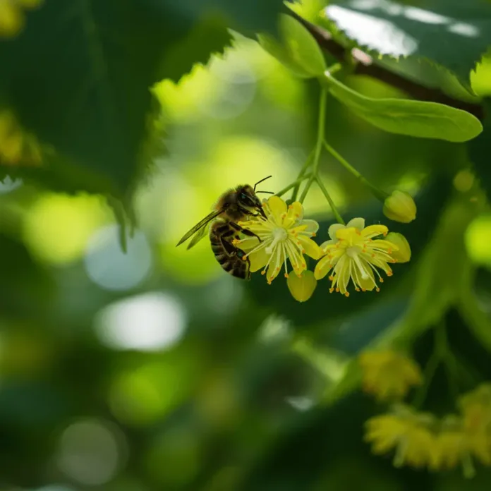 miele-tiglio-apibuzz Ape bottinatrice sui fiori gialli del tiglio