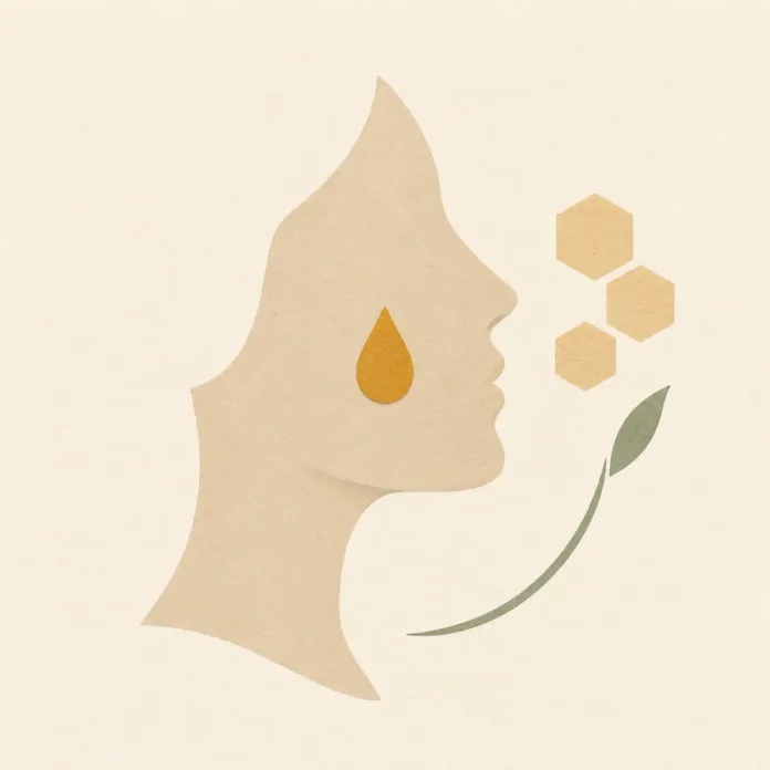 maschera-viso-miele-benefici-rischi Profilo stilizzato con una maschera viso al miele sulla guancia