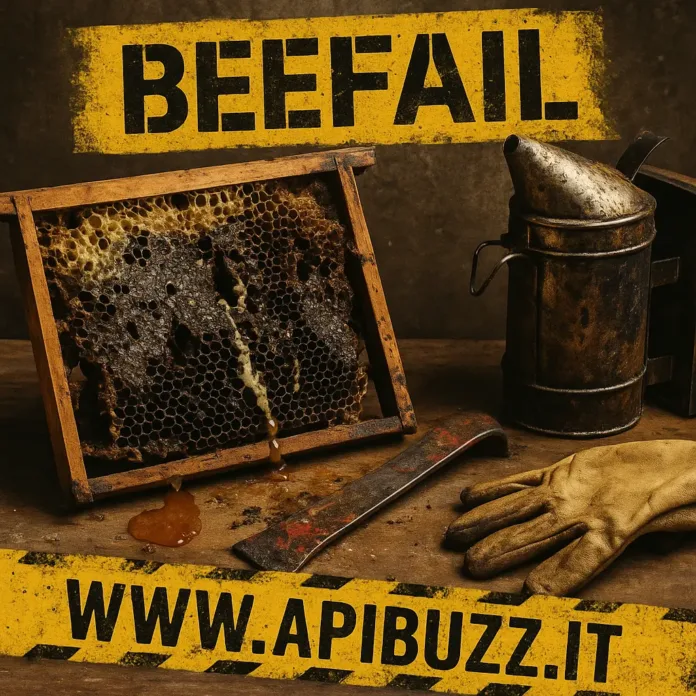 beefail Immagine reale di un telaino infestingato da tarma della cera, con miele colato, leva sporca e affumicatore usato. Copertina della rubrica BeeFail di ApiBuzz, dedicata agli errori apistici reali.