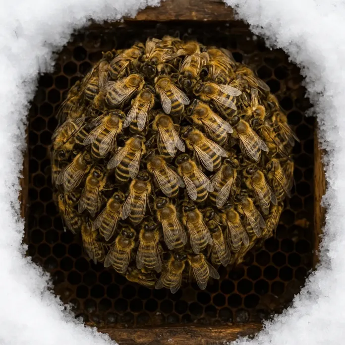 glomere Un alveare in inverno visto dall’alto: le api formano un glomere sferico, il loro miracolo termico. Calore, vita e organizzazione collettiva.